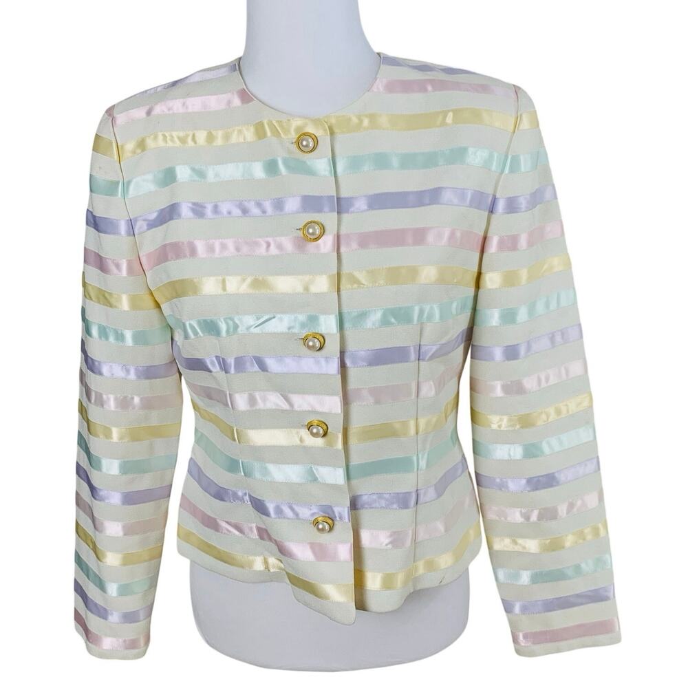 Vintage Maggy London Petites Pastel Satin Stripe Jacket Blazer Sz 6 Pearl Button